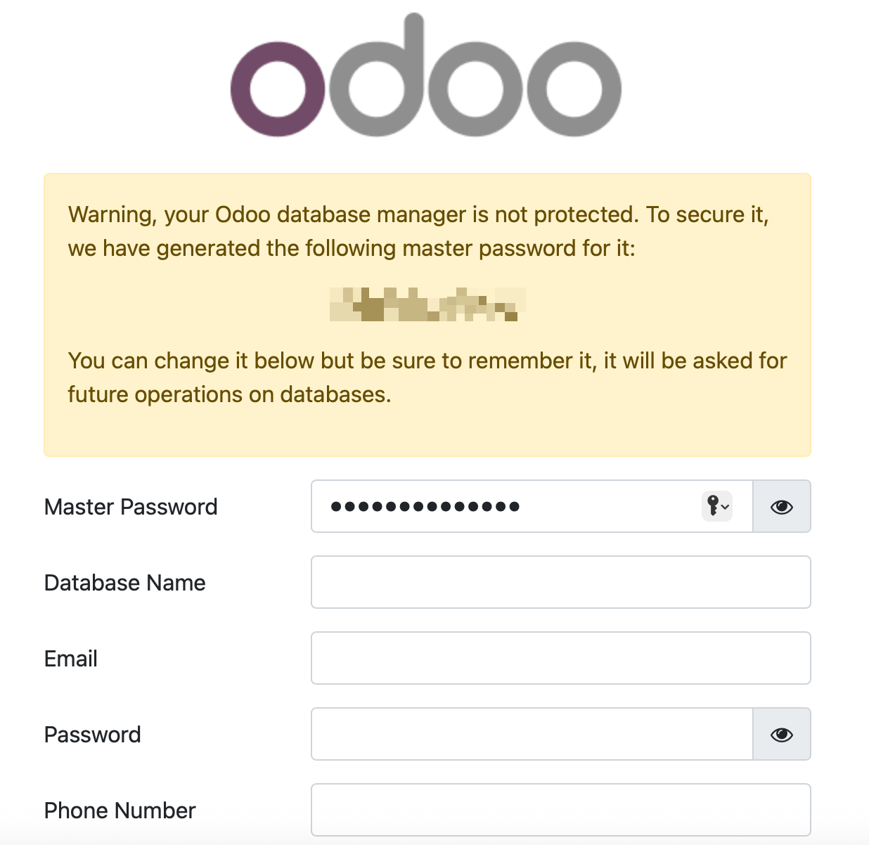 Pantalla de creación de base de datos de Odoo