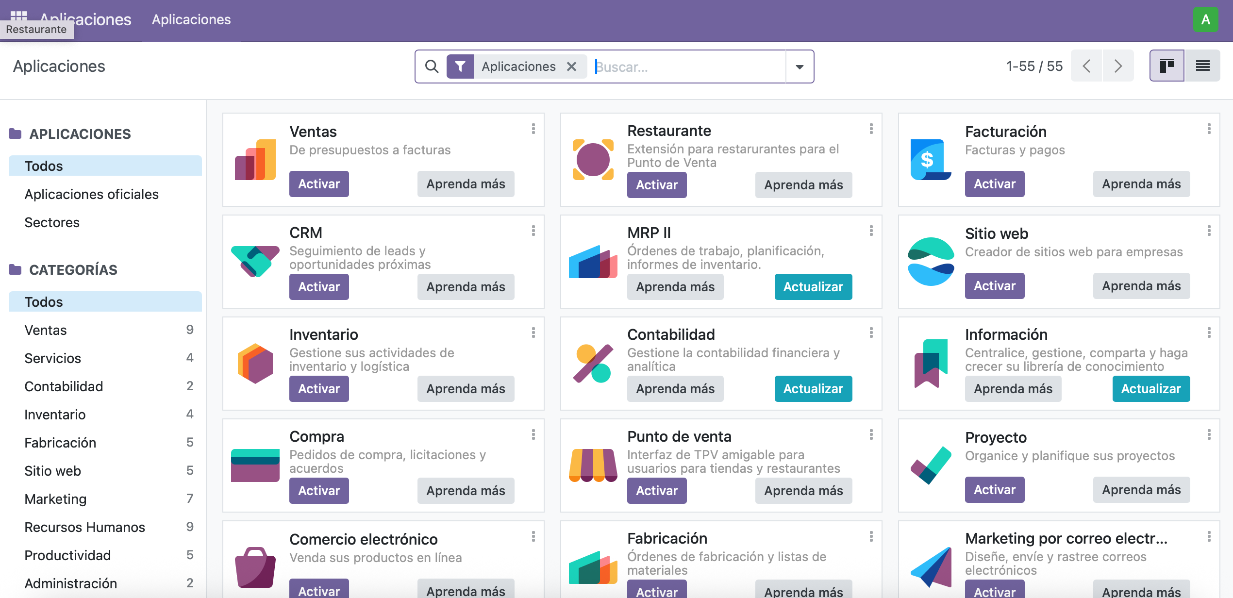 Panel de aplicaciones de Odoo